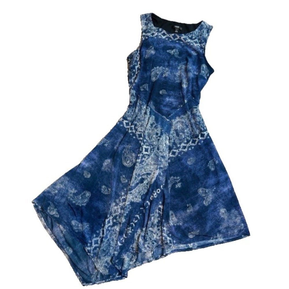 Simply Vera‎ Wang Paisley Patchwork Asymmetric Midi Dress Blue Boho Whimsigoth L